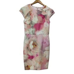 Ted Baker Women's Quaro Rose On Canvas Neoprene‎ Cap Sleeve Sheath Dress Size 2